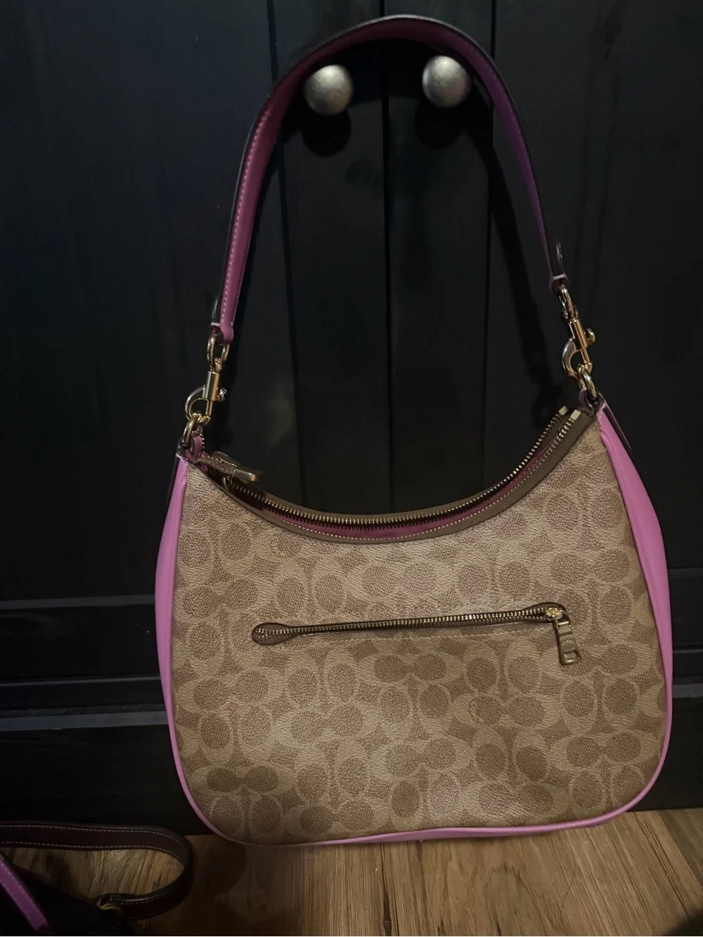 Coach Tan Signature Canvas Hobo with Pink Trim
